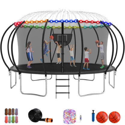 Jump Into Fun Trampoline 10FT 12FT 14FT 16FT, Trampoline with Enclosure, Basketball Hoop, 2 Balls, LED Light and More Gifts, 1500LBS Trampoline for 3-4 Adults/ 10 Kids, Outdoor Backyard Trampoline