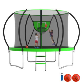 Jump Into Fun Trampoline 8FT, 800LBS Trampoline for 2-3 Kids, Trampoline with Enclosure, Basketball Hoop, 2 Balls and Ladder, Outdoor No Gap Design Pumpkin Trampoline for Adults