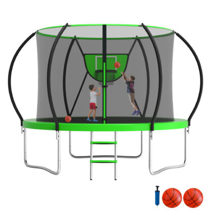 Jump Into Fun Trampoline 8FT, 800LBS Trampoline for 2-3 Kids, Trampoline with Enclosure, Basketball Hoop, 2 Balls and Ladder, Outdoor No Gap Design Pumpkin Trampoline for Adults