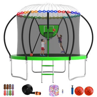 Jump Into Fun Trampoline 8FT, 800LBS Trampoline for 2-3 Kids, Trampoline with Enclosure, Basketball Hoop, 2 Balls and More Gifts, Outdoor No Gap Design Pumpkin Trampoline for Adults