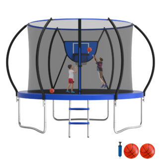 Jump Into Fun Trampoline 8FT, 800LBS Trampoline for 2-3 Kids, Trampoline with Enclosure, Basketball Hoop, 2 Balls and Ladder, Outdoor No Gap Design Pumpkin Trampoline for Adults
