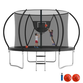 Jump Into Fun Trampoline 8FT, 800LBS Trampoline for 2-3 Kids, Trampoline with Enclosure, Basketball Hoop, 2 Balls and Ladder, Outdoor No Gap Design Pumpkin Trampoline for Adults