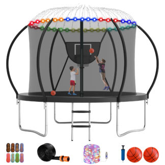 Jump Into Fun Trampoline 8FT, 800LBS Trampoline for 2-3 Kids, Trampoline with Enclosure, Basketball Hoop, 2 Balls and More Gifts, Outdoor No Gap Design Pumpkin Trampoline for Adults