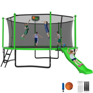Jump Into Fun Trampoline 16 15 14 12FT for 5-7 Kids/ 1-2 Adults, Trampoline with Slide, Enclosure, Basketball Hoop and Ladder, 1200LBS Heavy Duty Galvanized Outdoor Trampoline for Family