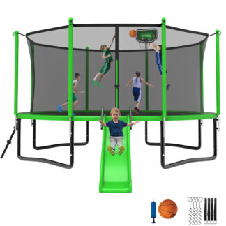 Jump Into Fun Trampoline 12 14 15 16FT, 1200LBS for 5-7 Kids, Trampoline with Slide, Enclosure Net and Ladder, Round Trampoline for Adults and Kids, Outdoor Recreational Backyard Trampoline