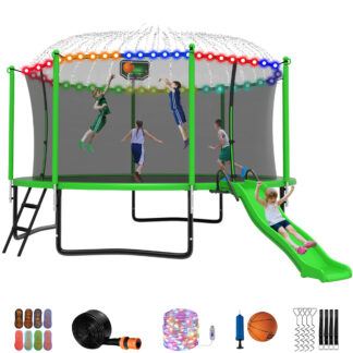 Jump Into Fun Trampoline 16 15 14 12FT for 5-7 Kids/ 1-2 Adults, Trampoline with Slide, Enclosure, Basketball Hoop, LED Light and More, 1200LBS Heavy Duty Galvanized Outdoor Trampoline for Family