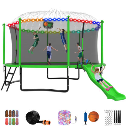 Jump Into Fun Trampoline 16 15 14 12FT for 5-7 Kids/ 1-2 Adults, Trampoline with Slide, Enclosure, Basketball Hoop, LED Light and More, 1200LBS Heavy Duty Galvanized Outdoor Trampoline for Family