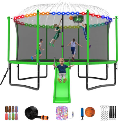Jump Into Fun Trampoline 12 14 15 16FT, 1200LBS for 5-7 Kids, Trampoline with Slide, Enclosure Net and Ladder, Round Trampoline for Adults and Kids, Outdoor Recreational Backyard Trampoline