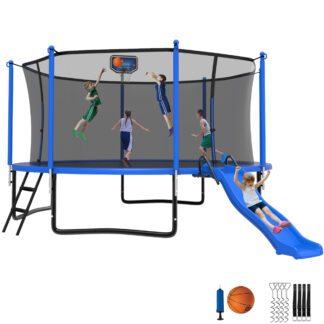 Jump Into Fun Trampoline 16 15 14 12FT for 5-7 Kids/ 1-2 Adults, Trampoline with Slide, Enclosure, Basketball Hoop and Ladder, 1200LBS Heavy Duty Galvanized Outdoor Trampoline for Family