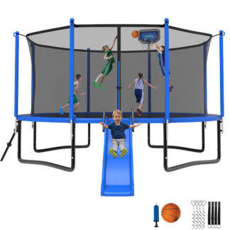 Jump Into Fun Trampoline 12 14 15 16FT, 1200LBS for 5-7 Kids, Trampoline with Slide, Enclosure Net and Ladder, Round Trampoline for Adults and Kids, Outdoor Recreational Backyard Trampoline