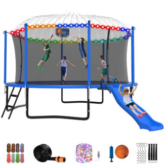 Jump Into Fun Trampoline 16 15 14 12FT for 5-7 Kids/ 1-2 Adults, Trampoline with Slide, Enclosure, Basketball Hoop, LED Light and More, 1200LBS Heavy Duty Galvanized Outdoor Trampoline for Family