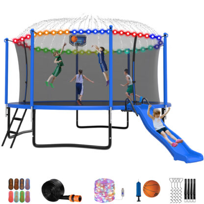 Jump Into Fun Trampoline 16 15 14 12FT for 5-7 Kids/ 1-2 Adults, Trampoline with Slide, Enclosure, Basketball Hoop, LED Light and More, 1200LBS Heavy Duty Galvanized Outdoor Trampoline for Family