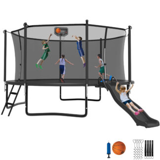 Jump Into Fun Trampoline 16 15 14 12FT for 5-7 Kids/ 1-2 Adults, Trampoline with Slide, Enclosure, Basketball Hoop and Ladder, 1200LBS Heavy Duty Galvanized Outdoor Trampoline for Family