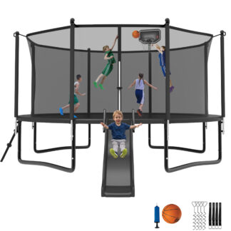 Jump Into Fun Trampoline 12 14 15 16FT, 1200LBS for 5-7 Kids, Trampoline with Slide, Enclosure Net and Ladder, Round Trampoline for Adults and Kids, Outdoor Recreational Backyard Trampoline