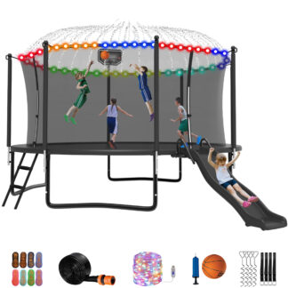 Jump Into Fun Trampoline 16 15 14 12FT for 5-7 Kids/ 1-2 Adults, Trampoline with Slide, Enclosure, Basketball Hoop, LED Light and More, 1200LBS Heavy Duty Galvanized Outdoor Trampoline for Family