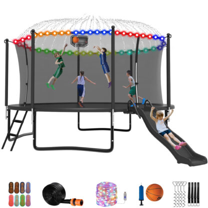 Jump Into Fun Trampoline 16 15 14 12FT for 5-7 Kids/ 1-2 Adults, Trampoline with Slide, Enclosure, Basketball Hoop, LED Light and More, 1200LBS Heavy Duty Galvanized Outdoor Trampoline for Family
