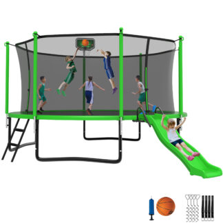 Jump Into Fun Trampoline 16 15 14 12FT for 6-8 Kids/ 2-3 Adults, Trampoline with Slide, Enclosure, Basketball Hoop and Ladder, 1400LBS Heavy Duty Galvanized Outdoor Trampoline for Family