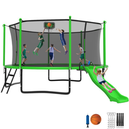 Jump Into Fun Trampoline 16 15 14 12FT for 6-8 Kids/ 2-3 Adults, Trampoline with Slide, Enclosure, Basketball Hoop and Ladder, 1400LBS Heavy Duty Galvanized Outdoor Trampoline for Family