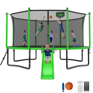 Jump Into Fun Trampoline 12 14 15 16FT, 1200LBS for 5-7 Kids, Trampoline with Slide, Enclosure Net and Ladder, Round Trampoline for Adults and Kids, Outdoor Recreational Backyard Trampoline