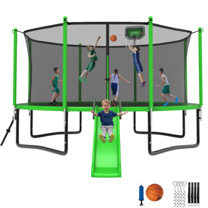 Jump Into Fun Trampoline 12 14 15 16FT, 1200LBS for 5-7 Kids, Trampoline with Slide, Enclosure Net and Ladder, Round Trampoline for Adults and Kids, Outdoor Recreational Backyard Trampoline