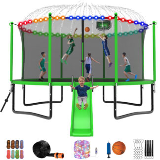 Jump Into Fun Trampoline 12 14 15 16FT, 1200LBS for 5-7 Kids, Trampoline with Slide, Enclosure Net and Ladder, Round Trampoline for Adults and Kids, Outdoor Recreational Backyard Trampoline