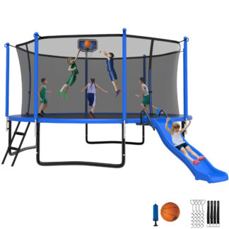 Jump Into Fun Trampoline 16 15 14 12FT for 6-8 Kids/ 2-3 Adults, Trampoline with Slide, Enclosure, Basketball Hoop and Ladder, 1400LBS Heavy Duty Galvanized Outdoor Trampoline for Family