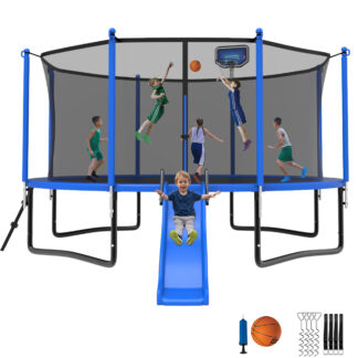 Jump Into Fun Trampoline 12 14 15 16FT, 1200LBS for 5-7 Kids, Trampoline with Slide, Enclosure Net and Ladder, Round Trampoline for Adults and Kids, Outdoor Recreational Backyard Trampoline