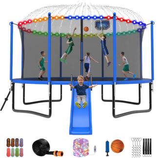 Jump Into Fun Trampoline 12 14 15 16FT, 1200LBS for 5-7 Kids, Trampoline with Slide, Enclosure Net and Ladder, Round Trampoline for Adults and Kids, Outdoor Recreational Backyard Trampoline