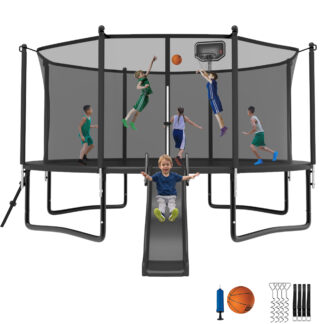 Jump Into Fun Trampoline 12 14 15 16FT, 1200LBS for 5-7 Kids, Trampoline with Slide, Enclosure Net and Ladder, Round Trampoline for Adults and Kids, Outdoor Recreational Backyard Trampoline