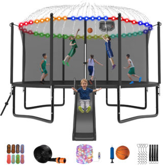 Jump Into Fun Trampoline 12 14 15 16FT, 1200LBS for 5-7 Kids, Trampoline with Slide, Enclosure Net and Ladder, Round Trampoline for Adults and Kids, Outdoor Recreational Backyard Trampoline