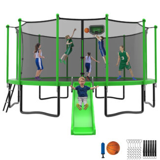 Jump Into Fun Trampoline 12 14 15 16FT, 1200LBS for 5-7 Kids, Trampoline with Slide, Enclosure Net and Ladder, Round Trampoline for Adults and Kids, Outdoor Recreational Backyard Trampoline