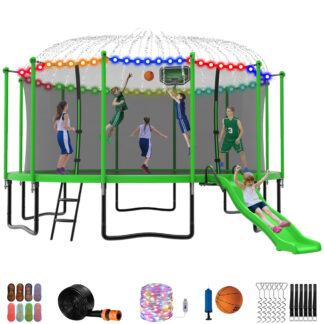 Jump Into Fun Trampoline 16 15 14 12FT for 7-8 Kids/ 3-4 Adults, Trampoline with Slide, Enclosure, Basketball Hoop, LED Light and More, 1500LBS Heavy Duty Galvanized Outdoor Trampoline for Family