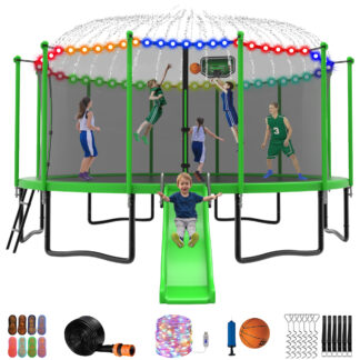 Jump Into Fun Trampoline 12 14 15 16FT, 1200LBS for 5-7 Kids, Trampoline with Slide, Enclosure Net and Ladder, Round Trampoline for Adults and Kids, Outdoor Recreational Backyard Trampoline
