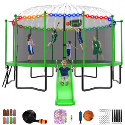 Jump Into Fun Trampoline 12 14 15 16FT, 1200LBS for 5-7 Kids, Trampoline with Slide, Enclosure Net and Ladder, Round Trampoline for Adults and Kids, Outdoor Recreational Backyard Trampoline