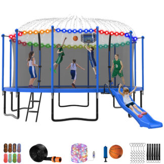 Jump Into Fun Trampoline 16 15 14 12FT for 7-8 Kids/ 3-4 Adults, Trampoline with Slide, Enclosure, Basketball Hoop, LED Light and More, 1500LBS Heavy Duty Galvanized Outdoor Trampoline for Family