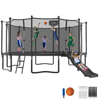 Jump Into Fun Trampoline 16 15 14 12FT for 7-8 Kids/ 3-4 Adults, Trampoline with Slide, Enclosure, Basketball Hoop and Ladder, 1500LBS Heavy Duty Galvanized Outdoor Trampoline for Family