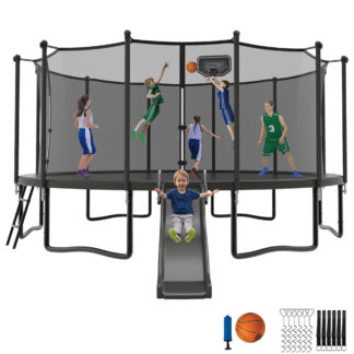 Jump Into Fun Trampoline 12 14 15 16FT, 1200LBS for 5-7 Kids, Trampoline with Slide, Enclosure Net and Ladder, Round Trampoline for Adults and Kids, Outdoor Recreational Backyard Trampoline
