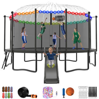 Jump Into Fun Trampoline 12 14 15 16FT, 1200LBS for 5-7 Kids, Trampoline with Slide, Enclosure Net and Ladder, Round Trampoline for Adults and Kids, Outdoor Recreational Backyard Trampoline