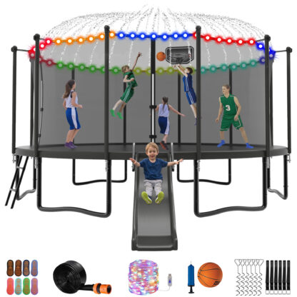 Jump Into Fun Trampoline 12 14 15 16FT, 1200LBS for 5-7 Kids, Trampoline with Slide, Enclosure Net and Ladder, Round Trampoline for Adults and Kids, Outdoor Recreational Backyard Trampoline