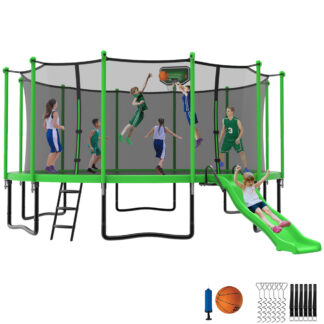 Jump Into Fun Trampoline 16 15 14 12FT for 9-10 Kids/ 4-5 Adults, Trampoline with Slide, Enclosure, Basketball Hoop and Ladder, 1500LBS Heavy Duty Galvanized Outdoor Trampoline for Family