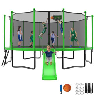 Jump Into Fun Trampoline 12 14 15 16FT, 1200LBS for 5-7 Kids, Trampoline with Slide, Enclosure Net and Ladder, Round Trampoline for Adults and Kids, Outdoor Recreational Backyard Trampoline
