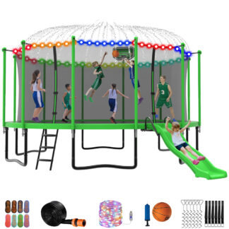 Jump Into Fun Trampoline 16 15 14 12FT for 9-10 Kids/ 4-5 Adults, Trampoline with Slide, Enclosure, Basketball Hoop, LED Light and More, 1500LBS Heavy Duty Galvanized Outdoor Trampoline for Family