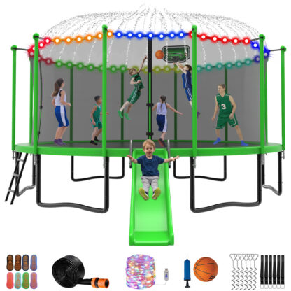 Jump Into Fun Trampoline 12 14 15 16FT, 1200LBS for 5-7 Kids, Trampoline with Slide, Enclosure Net and Ladder, Round Trampoline for Adults and Kids, Outdoor Recreational Backyard Trampoline