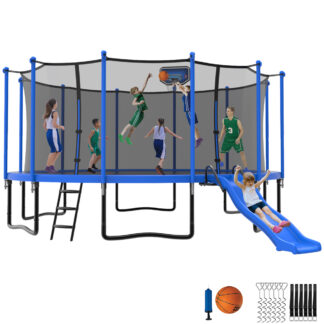 Jump Into Fun Trampoline 16 15 14 12FT for 9-10 Kids/ 4-5 Adults, Trampoline with Slide, Enclosure, Basketball Hoop and Ladder, 1500LBS Heavy Duty Galvanized Outdoor Trampoline for Family