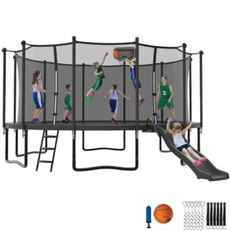 Jump Into Fun Trampoline 16 15 14 12FT for 9-10 Kids/ 4-5 Adults, Trampoline with Slide, Enclosure, Basketball Hoop and Ladder, 1500LBS Heavy Duty Galvanized Outdoor Trampoline for Family