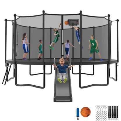 Jump Into Fun Trampoline 12 14 15 16FT, 1200LBS for 5-7 Kids, Trampoline with Slide, Enclosure Net and Ladder, Round Trampoline for Adults and Kids, Outdoor Recreational Backyard Trampoline
