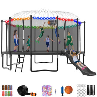 Jump Into Fun Trampoline 16 15 14 12FT for 9-10 Kids/ 4-5 Adults, Trampoline with Slide, Enclosure, Basketball Hoop, LED Light and More, 1500LBS Heavy Duty Galvanized Outdoor Trampoline for Family