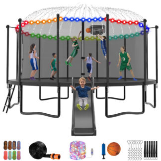Jump Into Fun Trampoline 12 14 15 16FT, 1200LBS for 5-7 Kids, Trampoline with Slide, Enclosure Net and Ladder, Round Trampoline for Adults and Kids, Outdoor Recreational Backyard Trampoline