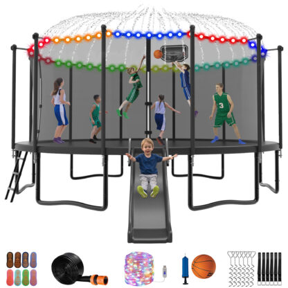 Jump Into Fun Trampoline 12 14 15 16FT, 1200LBS for 5-7 Kids, Trampoline with Slide, Enclosure Net and Ladder, Round Trampoline for Adults and Kids, Outdoor Recreational Backyard Trampoline