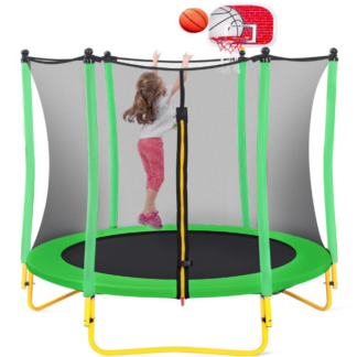 Jump Into Fun 5.5FT Trampoline for Kids, 66'' Trampoline with Basketball Hoop, Rubber Ball and Enclosure Net, Toddler Trampoline for Indoor Outdoor for Kids Age 1-8 Birthday Gifts